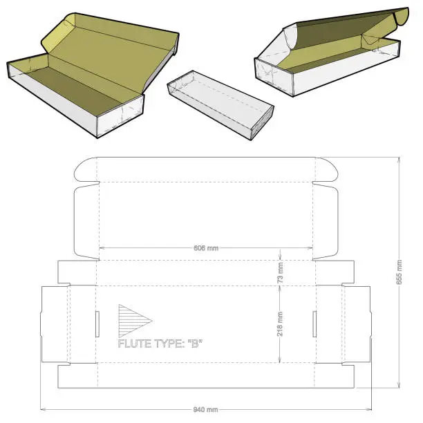 Vector illustration of Cardboard box for postal mail and Die-cut Pattern. Ease of assembly, no need for glue.  The .eps file is full scale and fully functional.