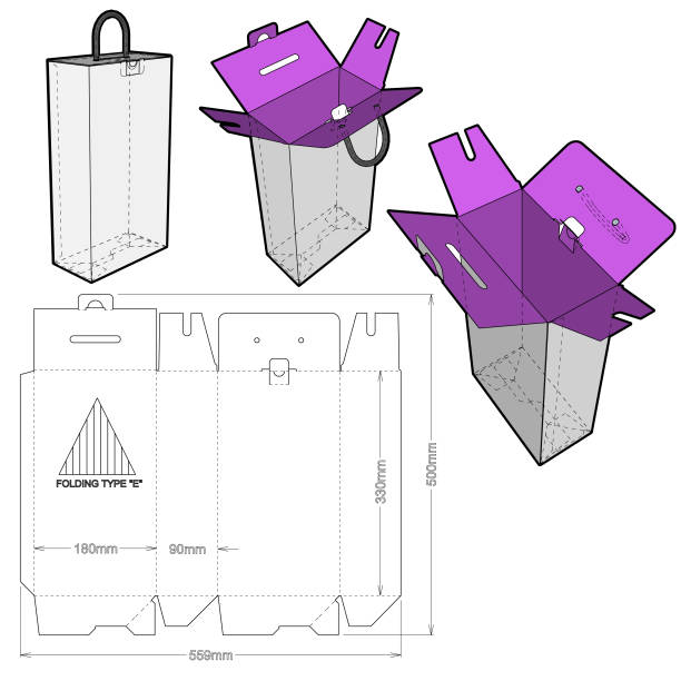 ilustrações, clipart, desenhos animados e ícones de caixa de papelão com alça e padrão de corte de morte. o arquivo .eps é em escala total e totalmente funcional. preparado para produção de papelão de verdade. - packaging bottle plastic wine