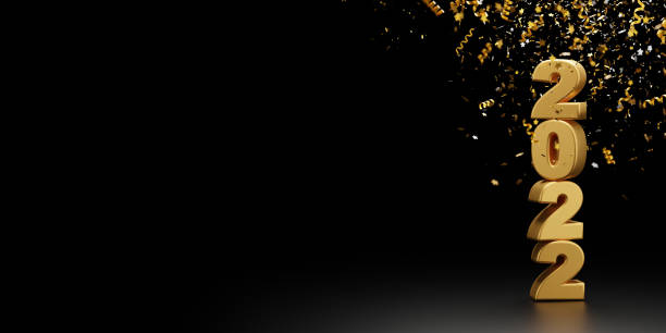 istock Happy new year 2022 and foil confetti falling on black background 3d render 1330525583