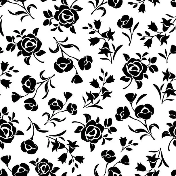Vector illustration of Black and white floral pattern with flowers. Vector seamless background.