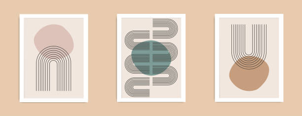 ilustrações de stock, clip art, desenhos animados e ícones de set of abstract contemporary mid century posters with geometric shapes. design for wallpaper, background, wall decor, cover, print, card, branding. modern boho minimalist art. vector illustration. - arrangement asia backgrounds balance