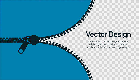 Open zipper, editable template. Stylish blue background for banner, landing page, flyer, cover, stories etc. Vector.