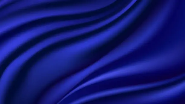 Vector illustration of Blue silk wavy background. Smooth shiny satin texture, deep blue wave color flow. Abstract vector illustration