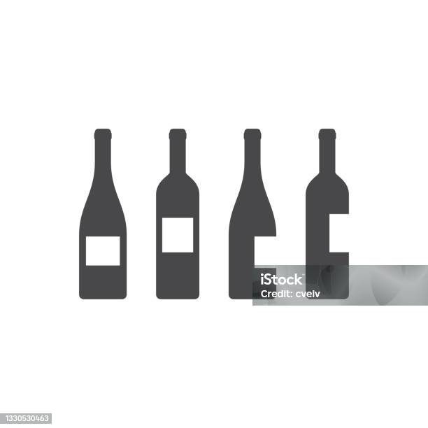 Wine Bottle With Label Black Vector Icon Set - Arte vetorial de stock e mais imagens de Garrafa de Vinho - Garrafa de Vinho, Garrafa, Vinho