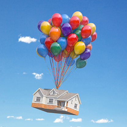 House with balloons bunch flying in the sky. Real estate purchasing, moving house and housewarming concept. 3d illustration