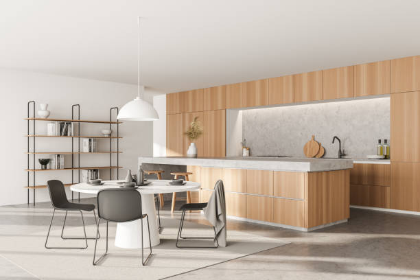 istock White and wooden kitchen corner with bar and round table 1330535329