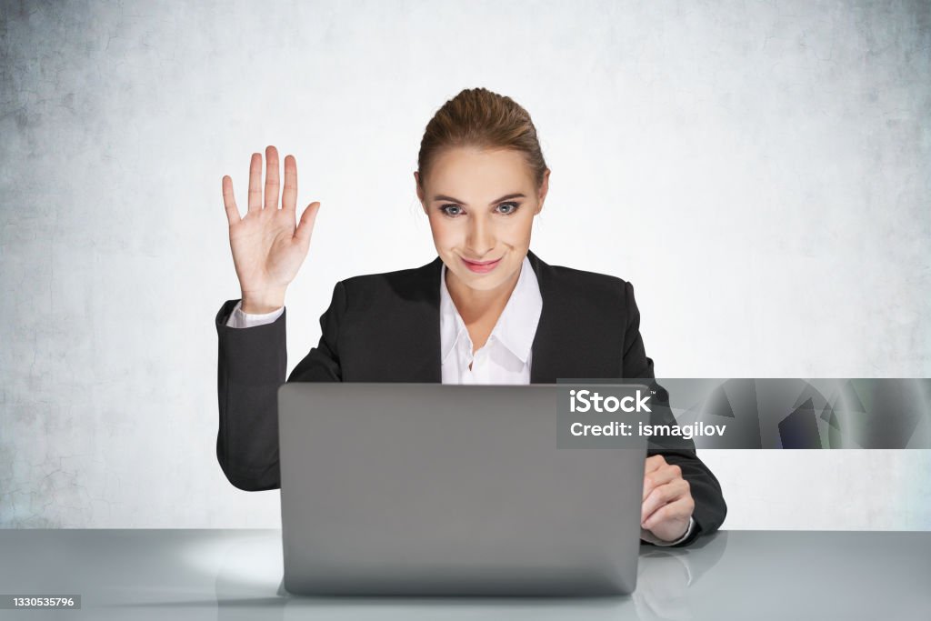 Computer Saing Hello Young Businesswoman Saying Hello Using Laptop Mockup Empty Wall Stock ...