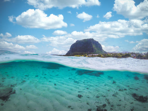 istock Tropical transparent ocean with Le Morne mountain and beach in Mauritius. Split view 1330538045