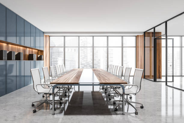 istock Gray and wooden panoramic office meeting room, side view 1330538103