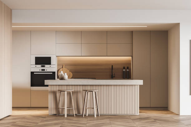 istock Beige and wooden kitchen interior design, bar and counters 1330538404