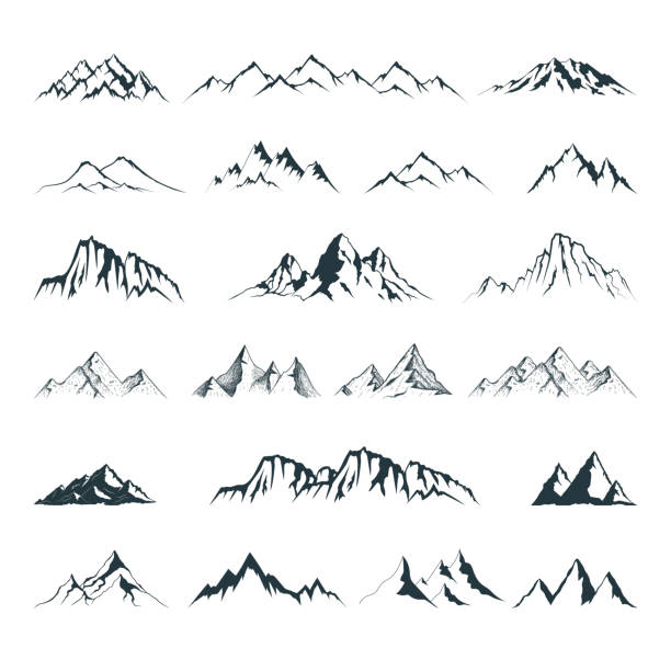 großes bergform-set. vektorisolierte illustration mit rocky mountains silhouetten. - gebirge stock-grafiken, -clipart, -cartoons und -symbole