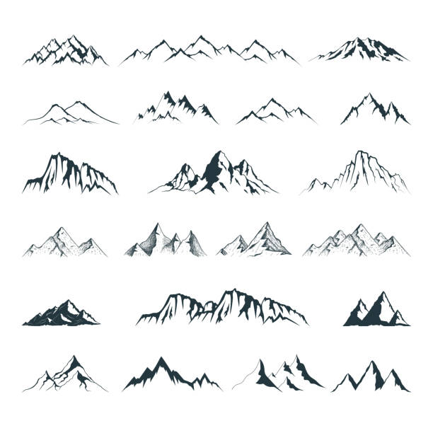 ilustraciones, imágenes clip art, dibujos animados e iconos de stock de gran conjunto de formas de montaña. ilustración aislada vectorial con siluetas de montañas rocosas. - mountain range