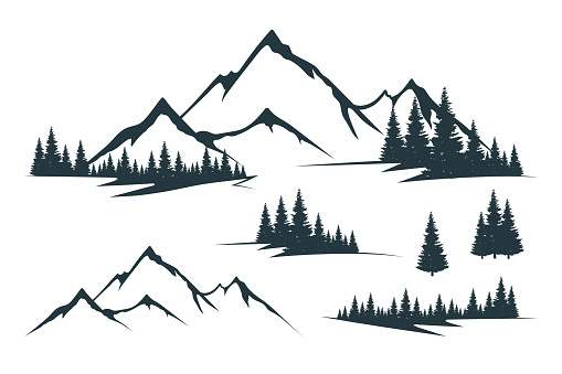 Vector isolated illustration with rocky mountain peak silhouette, fir trees and tree valley. Mountain with forest. Landscape and scenery.