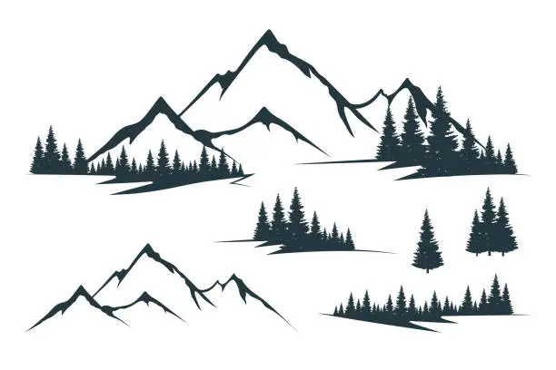 Vector illustration of Vector isolated illustration with rocky mountain peak silhouette, fir trees and tree valley. Mountain with forest. Landscape and scenery.