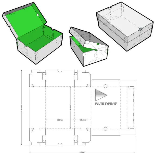 Vector illustration of Shoes Cardboard Box and Die-cut Pattern. The .eps file is full scale and fully functional. Prepared for real cardboard production.