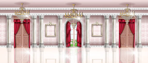 palast-interieur vektorhintergrund, reiche vintage-ballsaalhalle, königlicher luxus-barockraum, marmorboden. - domestic room palace chandelier nobility stock-grafiken, -clipart, -cartoons und -symbole