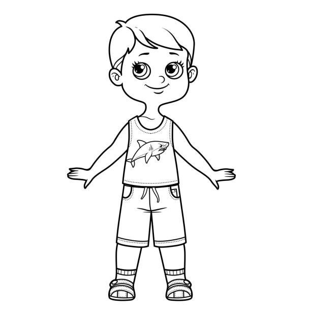 Cartoon Boy In Denim Shorts Shark Tank Top And Sandals Outline For Coloring  On A White Background Stock Illustration - Download Image Now - iStock