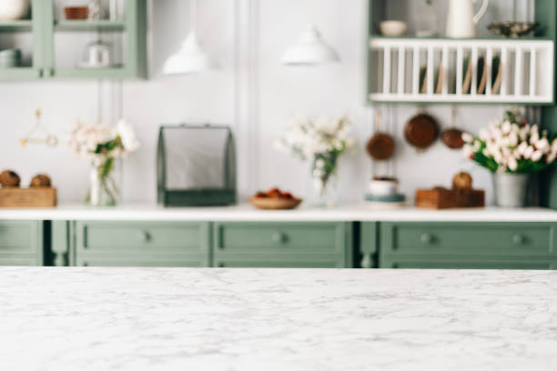 empty countertop with marble surface in monochrome kitchen - balcão imagens e fotografias de stock