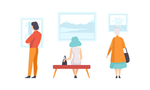 istock Art Gallery with Visitors, Back View of People Looking Paintings Hanging on Wall Flat Vector Illustration 1330548696