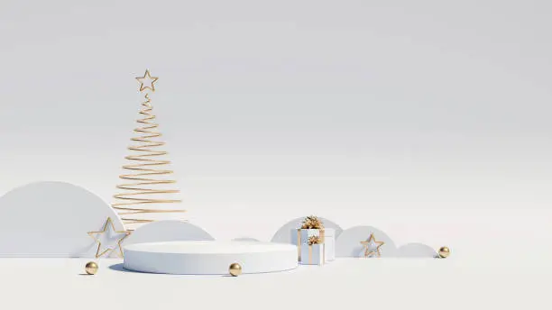 Photo of Christmas podium for branding and packaging presentation. Product display with gift boxes, christmas tree and snow. Christmas showcase. Cosmetic and fashion. 3d illustration. 3d render.