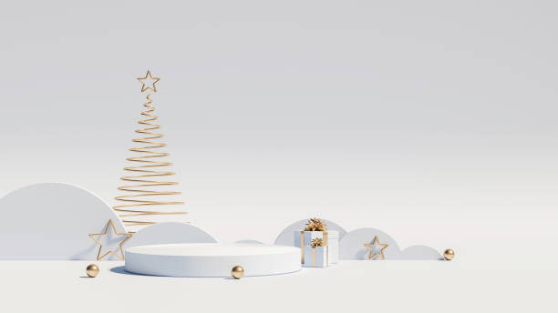 pódio de natal para apresentação de branding e embalagem. exposição de produtos com caixas de presente, árvore de natal e neve. vitrine de natal. cosméticos e moda. ilustração 3d. renderização 3d. - christmas copy space sparse simplicity - fotografias e filmes do acervo