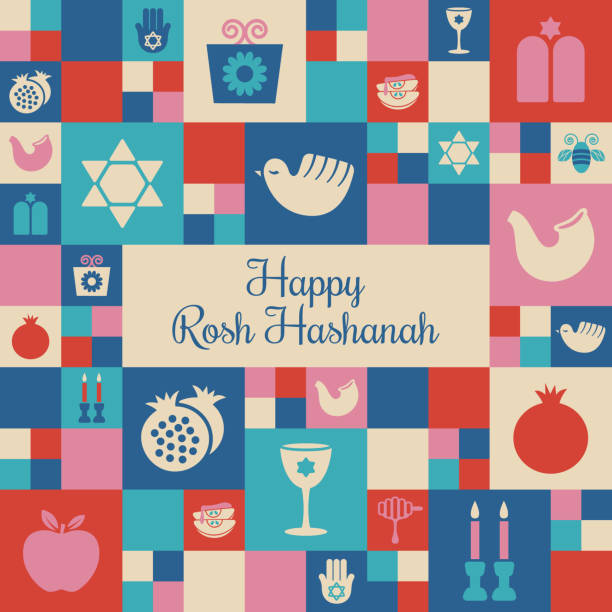 Rosh Hashanah mosaic square design - v1 Greeting card or banner for Rosh Hashanah holiday with related icons and symbols. Square format. jewish new year stock illustrations