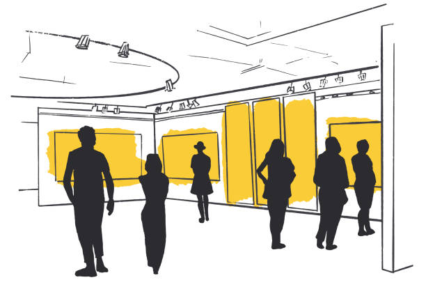 People looking modern paintings at contemporary art gallery People looking modern paintings at contemporary art gallery. Tourists watching exhibits in museum. Sketch style vector illustration art museum stock illustrations