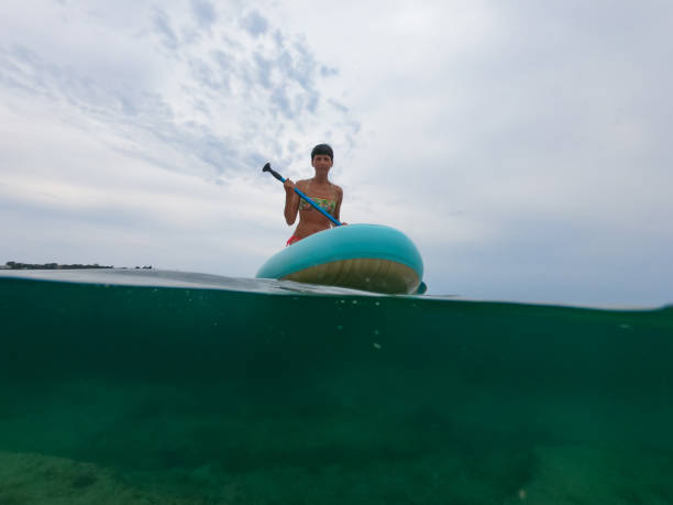 istock Low and front view of a woman on paddle board 1330553160