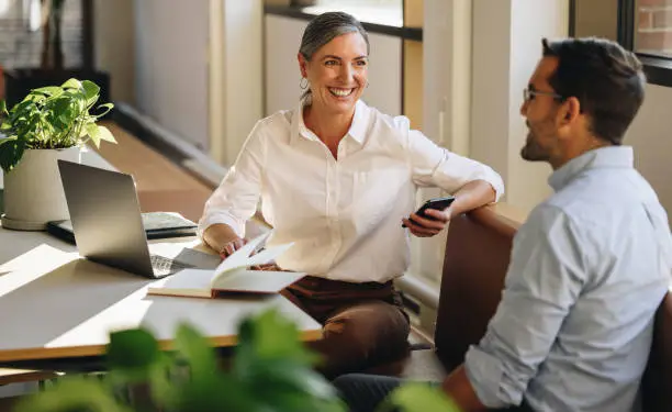 Businesswoman sitting at desk and explaining new project to coworker. Mature woman discussing working with partner in coworking office.