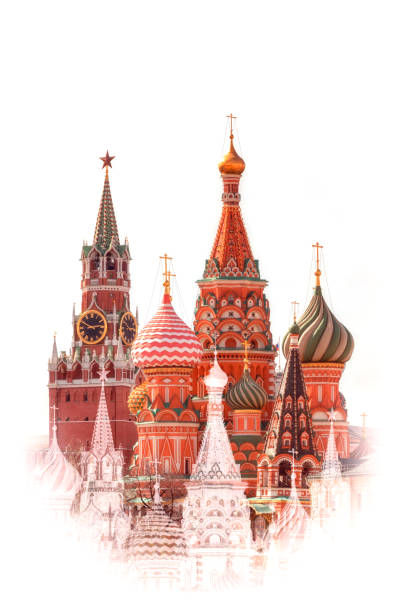 st. basil cathedral and spasskaya tower, red square, moscow, isolated on white background with white stamp mask. symbol of russia for your design. - russia moscow russia st basils cathedral kremlin imagens e fotografias de stock