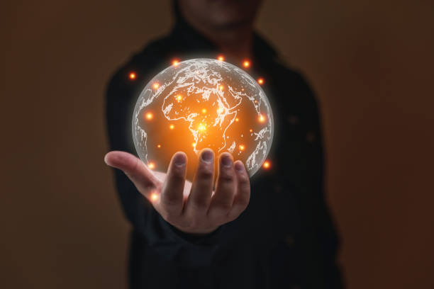 istock Global internet connection application technology. Asia man hold my world 3D. technology of the future. fast communication. 1330553615