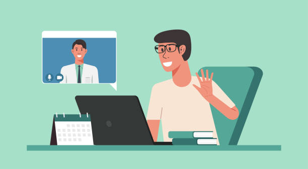 man using laptop connecting to doctor online from home telemedicine, online healthcare and medical consultation support services concept, man using laptop connecting to doctor online from home, vector illustration cartoon of medical records stock illustrations