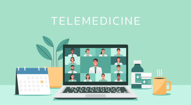 telemedicine with doctors connecting together via laptop telemedicine, online medical consultation and support services concept, virtual healthcare with doctors connecting together via laptop, video conference, vector illustration cartoon of medical records stock illustrations
