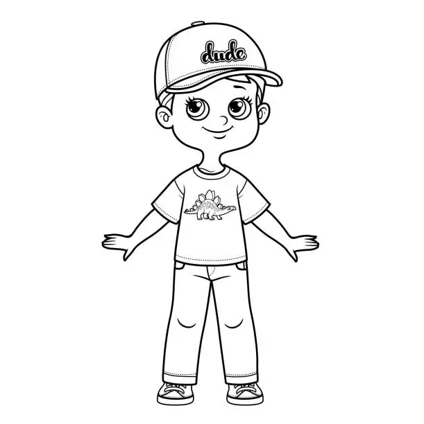 Vector illustration of Cute cartoon boy in cap with visor, t-shirt and jeans outline for coloring on a white background