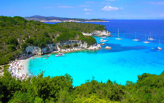 Turquoise waters and white sand in the beautiful Voutoumi beach, Antipaxos island, Greece