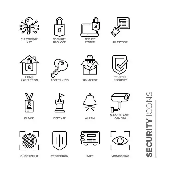 Vector illustration of Simple Set of Security Related Color Vector Line Icons. Contains such Icons as Surveillance Camera, Fingerprint, ID pass and more.