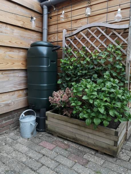 Rainwater tank with iron watering can