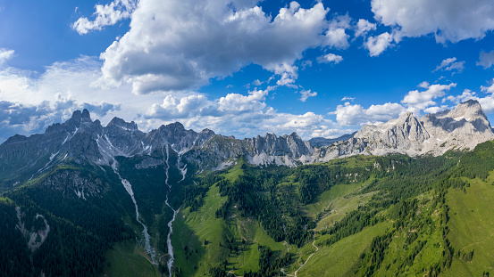 Aerial view in the Dachstein mountains with a view of the big bishop's hat
