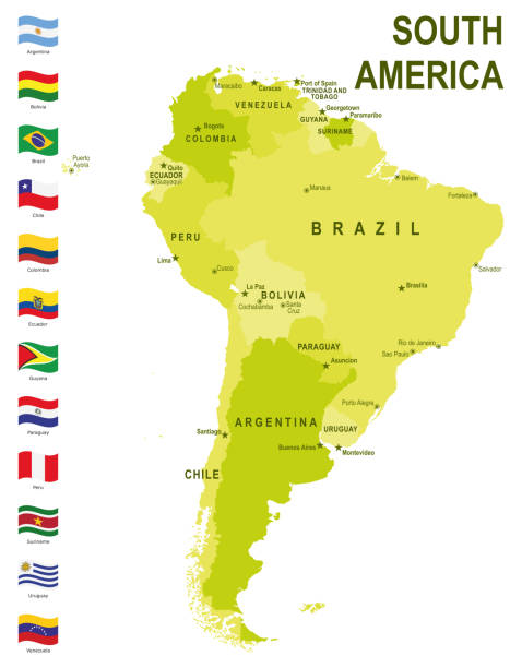 südamerika grüne karte mit flaggen vor weißem hintergrund - flag waveform computer icon icon set stock-grafiken, -clipart, -cartoons und -symbole