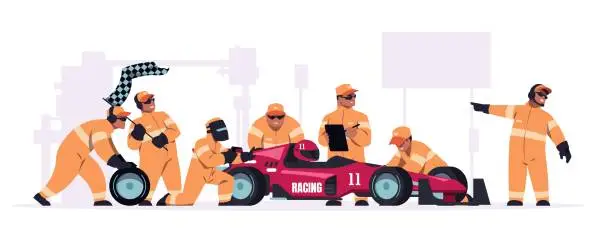 Vector illustration of Racing crew. Cartoon pit stop team in uniform working on race car. Mechanic workers changing wheels of bolide. Maintenance technicians and engineers. Automobile repair. Vector illustration