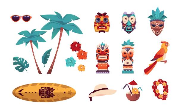 Hawaiian Tiki icons. Summer tropical art with palms and flowers. Surfboard, sunglasses or hat. Beach vacation collection. Tribal totem. Vector elements set of recreation on islands Hawaiian Tiki icons. Cartoon summer tropical art with palms and flowers. Isolated surfboard, sunglasses or hat. Beach vacation collection. Tribal totem. Vector elements set of recreation on islands tiki mask stock illustrations
