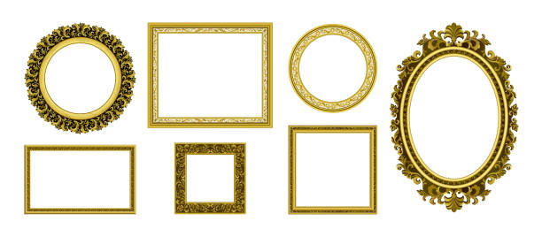 ilustrações de stock, clip art, desenhos animados e ícones de golden picture frames. royal antique photo border. empty interior old style ornamental wall elements. round and square luxury decorative corners set. vector portrait frameworks template - wall mirror