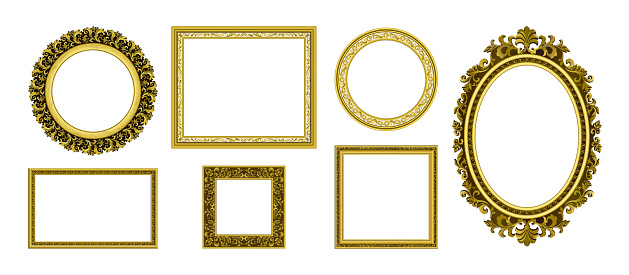 Golden picture frames. Royal antique photo border. Empty interior old style ornamental wall elements. Round and square luxury decorative corners set. Vector portrait frameworks template