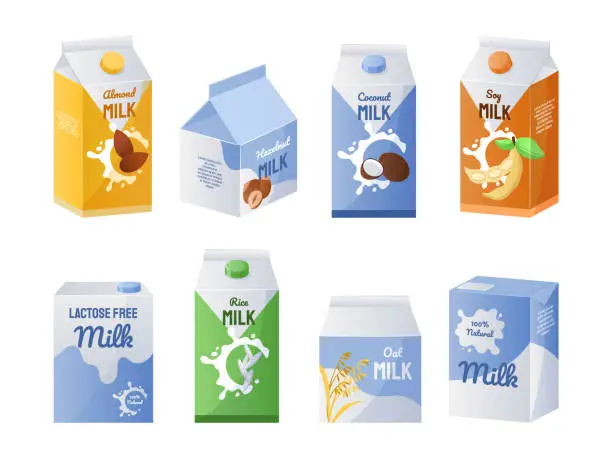 Vector illustration of Organic milk. Vegetarian drinks collection for coffee and tea. Vegan milky replacement. Isolated cardboard food containers. Lactose free liquid products. Vector healthy beverages set