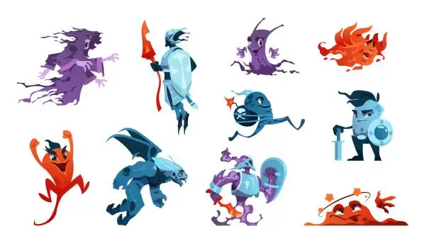Vector illustration of Cartoon game monsters. Alien creatures and mascot characters. Boss of enemies and beasts. Gaming design elements set. Fairy knights or creepy ghosts with evil faces. Vector scary mutants