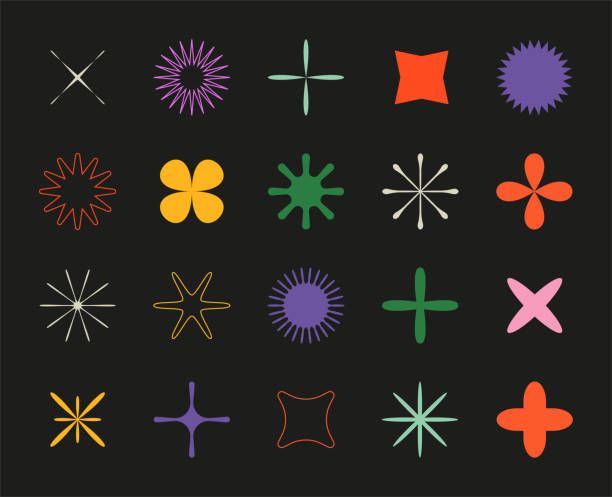 ilustrações de stock, clip art, desenhos animados e ícones de abstract stars. geometric polygonal shapes. retro minimalistic flowers with petals. colorful crosses collection. decorative floral silhouette symbols. vector contour sign templates set - elemento de desenho