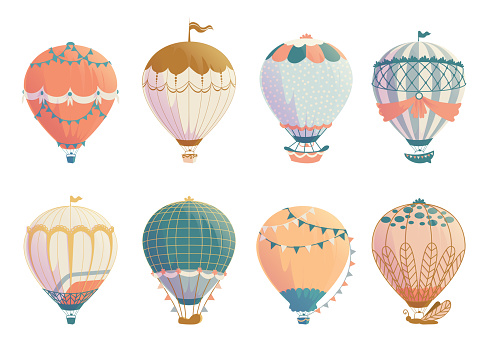 Retro air balloon. Vintage airships with hot airy sphere, ballast and baskets. Old style flight tourism. Isolated stripped sky transport template. Festive flying aerostat. Vector adventure vehicle set