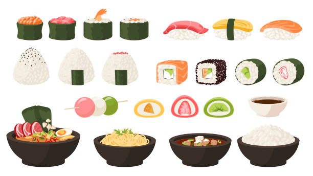 ilustrações de stock, clip art, desenhos animados e ícones de japanese food. asian cuisine. cartoon sushi and rolls. oden soup or okonomiyaki. traditional sweets. yummy mochi and dango. bowls of tasty noodles tempura. vector oriental meal set - caviar