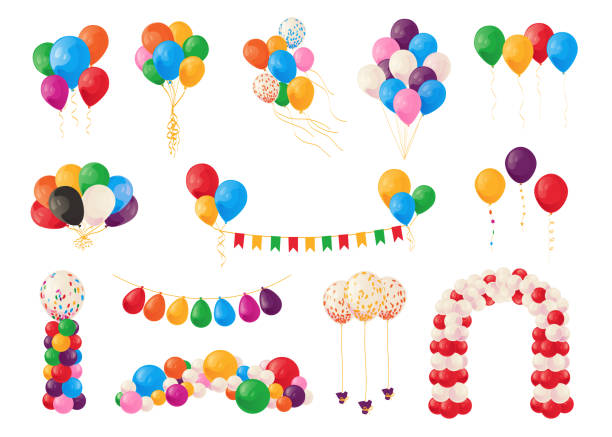 ilustrações de stock, clip art, desenhos animados e ícones de cartoon balloons. birthday party celebrate and carnival decoration elements. bunch of festive bright glossy helium spheres. garland and arch template. vector flying inflated balls set - baloon