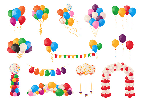 Cartoon balloons. Birthday party celebrate and carnival decoration elements. Bunch of festive bright glossy helium spheres. Colorful garland and arch template. Vector flying inflated air balls set